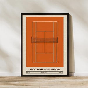 May include: A minimalist poster design featuring a tennis court with a clay surface. The poster is titled "Roland-Garros" with the text "Since 1925, Location: Paris, Surface: Clay".