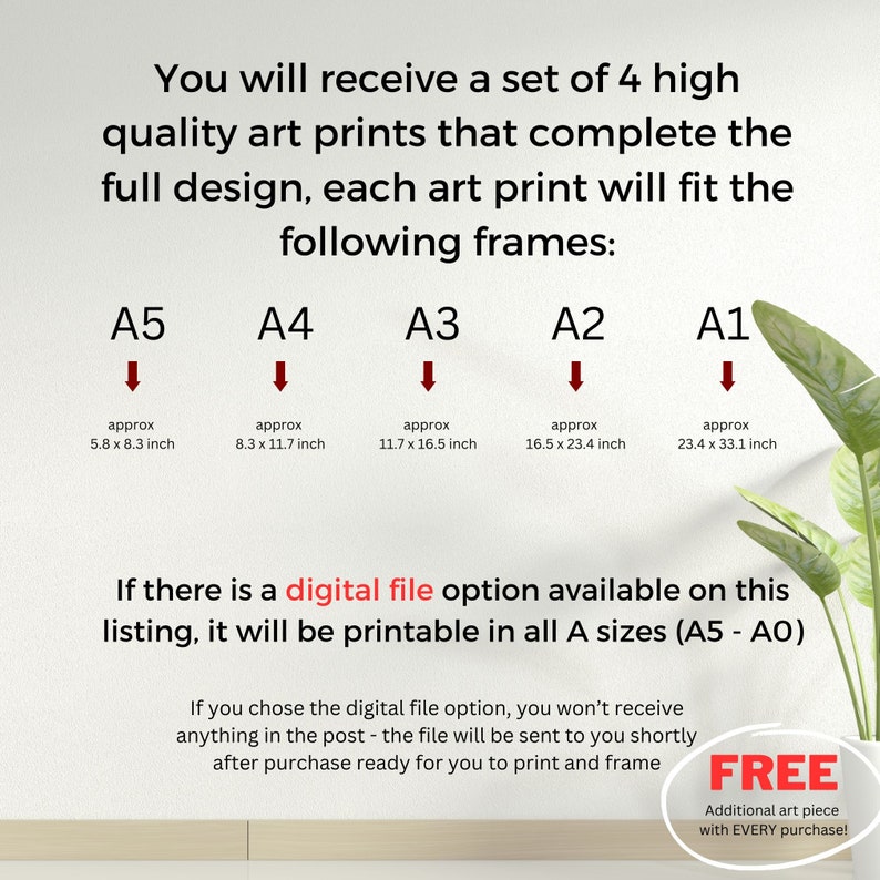 May include: Text graphic showing print sizes A5 (5.8 x 8.3 inches) to A1 (23.4 x 33.1 inches). The text states that you will receive a set of 4 high-quality art prints. A free additional art piece is included.