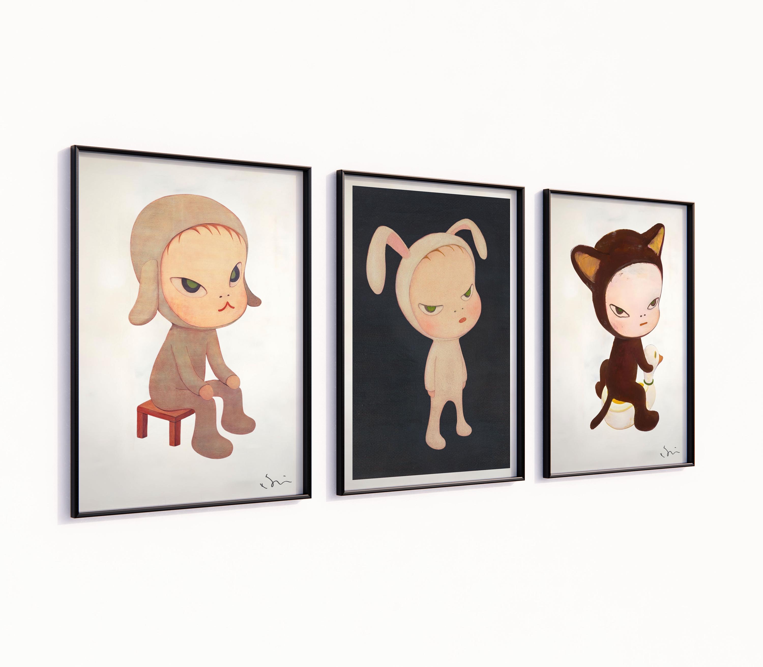 Yoshitomo Nara Signed Art High Quality Set of 3 Canvas / Art Prints / Framed Japanese Wall Art, We are Punks, Harmless kitty, Yayoi Kusama