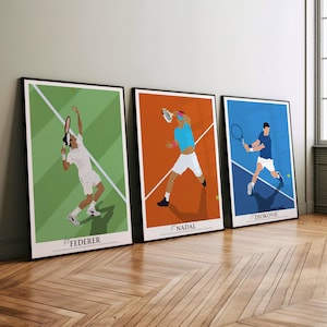 Conjunto de 3 telas de arte de parede de tênis &#39;Legends&#39; / impressões de arte / arte emoldurada, decoração para casa, pôster de tênis, os 3 grandes, arte de tênis, presente de tênis