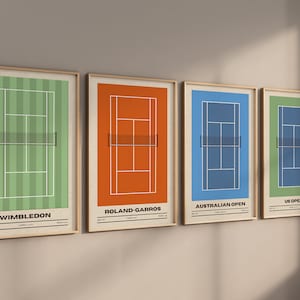 Juego de 4 pósteres de tenis, lienzo, impresiones artísticas y arte mural enmarcado. Arte minimalista de alta calidad. Impresiones de canchas de tenis del torneo 2025. Regalo de tenis.