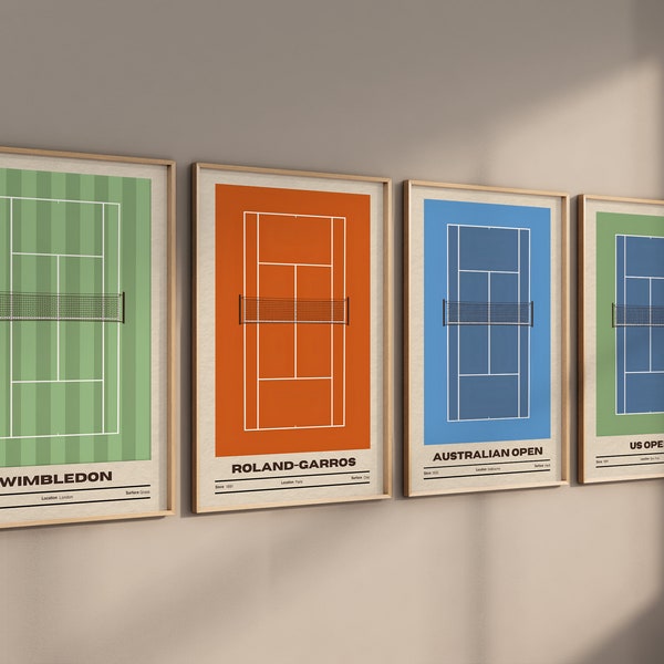 Tennisposter set van 4 ingelijste kunst aan de muur, minimalistische tennisbaanafdrukken 2023 Tenniscadeau ingelijst / niet ingelijst