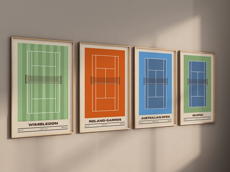 May include: Four framed prints of tennis courts with the names of the Grand Slam tournaments: Wimbledon, Roland-Garros, Australian Open, and US Open.