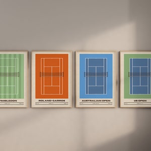 May include: Four posters with tennis court illustrations. Each poster features a different color court surface: green, orange, blue, and green. The posters are labeled with the names of the Grand Slam tournaments: Wimbledon, Roland-Garros, Australian Open, and US Open.