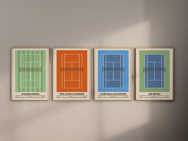 May include: Four posters with tennis court illustrations. Each poster features a different color court surface: green, orange, blue, and green. The posters are labeled with the names of the Grand Slam tournaments: Wimbledon, Roland-Garros, Australian Open, and US Open.