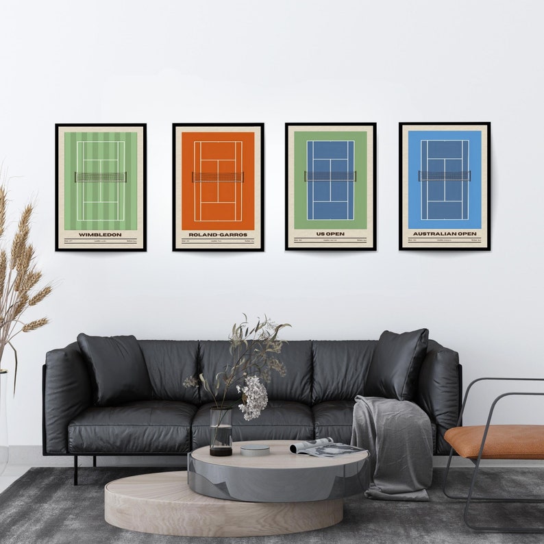 May include: Four framed prints of tennis courts with the names of the Grand Slam tournaments: Wimbledon, Roland-Garros, US Open, and Australian Open.
