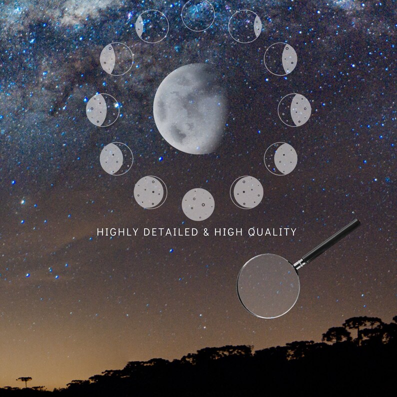 May include: An image of the night sky with a detailed depiction of the moon phases. The image includes a large, detailed moon and a series of smaller moon phase illustrations. The text "HIGHLY DETAILED & HIGH QUALITY" is also present.