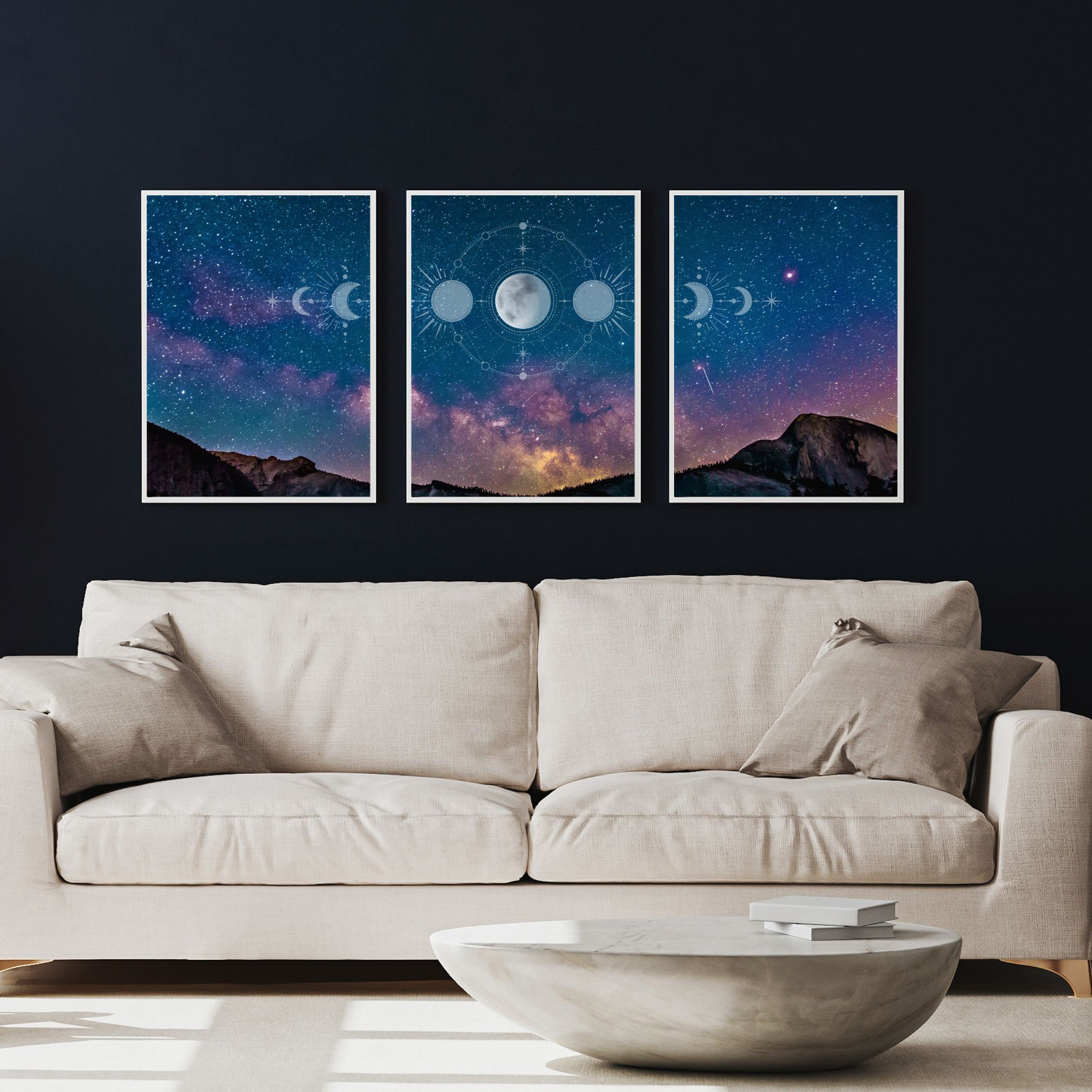 Moon Phases Art Print, Set of 3 Night Sky Wall Art, Landscape, Home ...