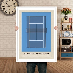 May include: A blue and white poster with a tennis court illustration and the text "AUSTRALIAN OPEN" with the details "Since 1905, Location Melbourne, Surface Hard".