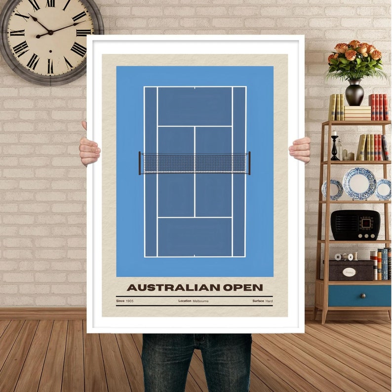 May include: A blue and white poster with a tennis court illustration and the text "AUSTRALIAN OPEN" with the details "Since 1905, Location Melbourne, Surface Hard".