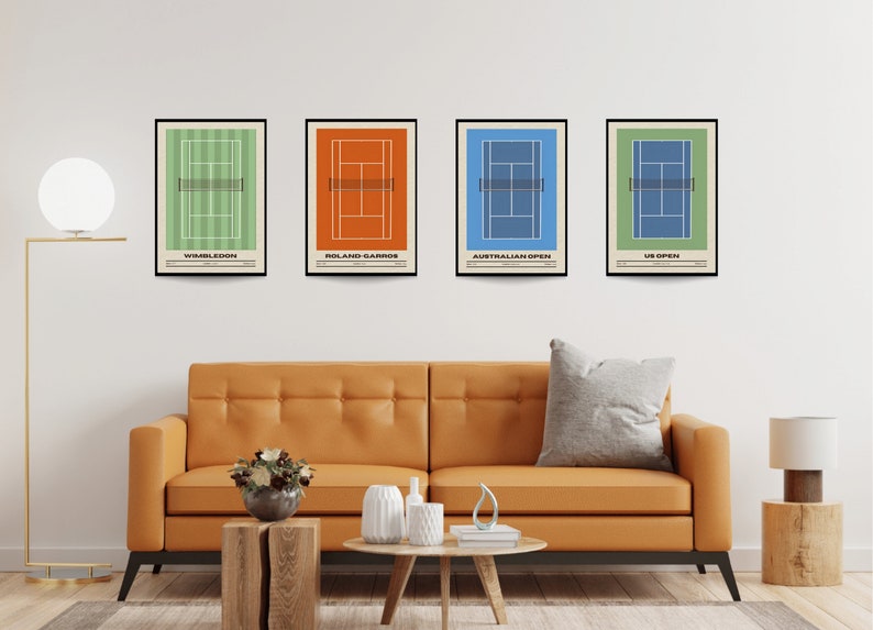 May include: Four minimalist posters with a tennis court design in different colors. The posters are framed in black and have the names of the Grand Slam tournaments: Wimbledon, Roland Garros, Australian Open, and US Open.