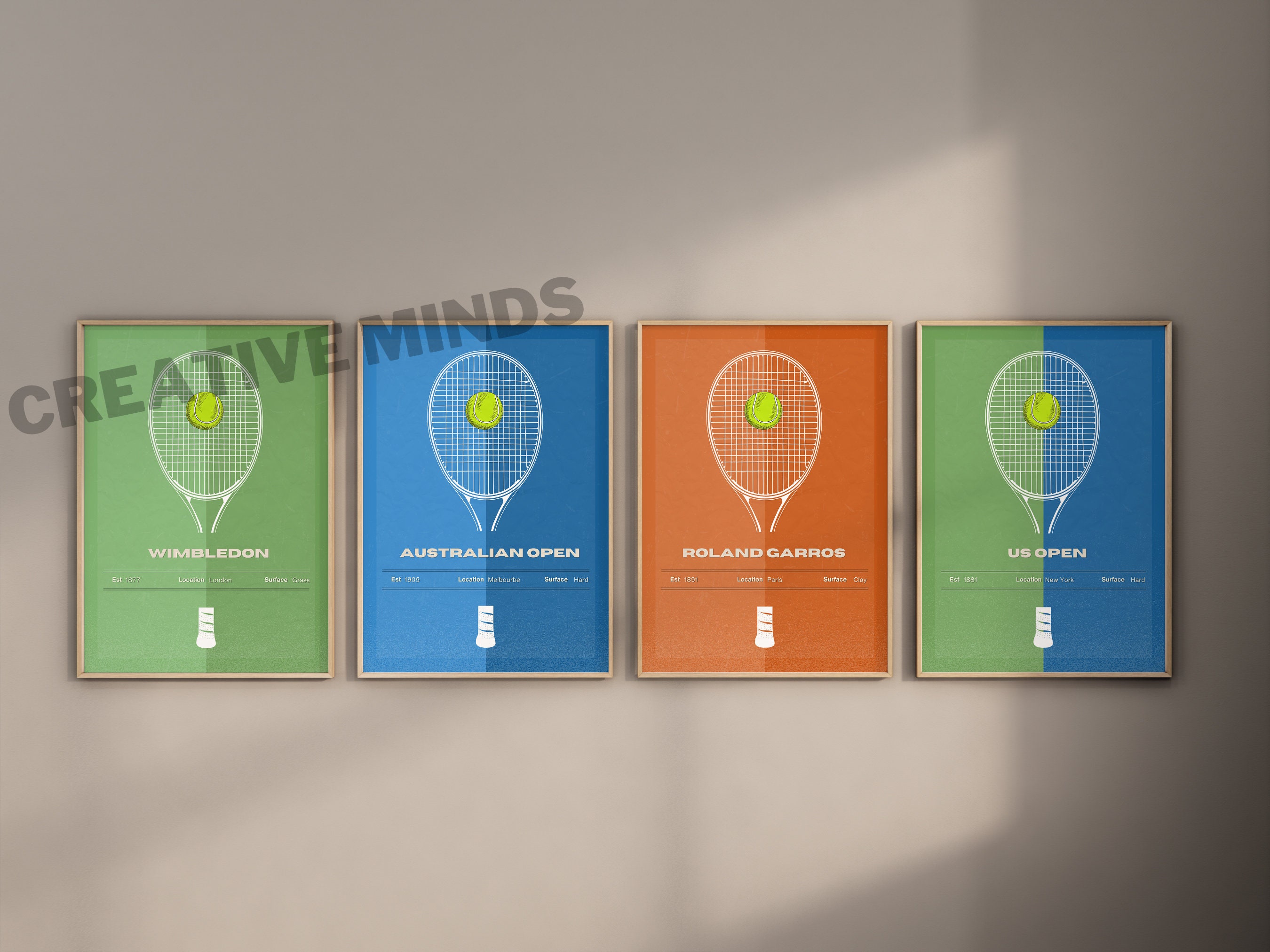 Tennis Poster Set of 4 Framed Wall Art, Tennis Racket Ball & Court Art Prints 2024 Tennis Gift
