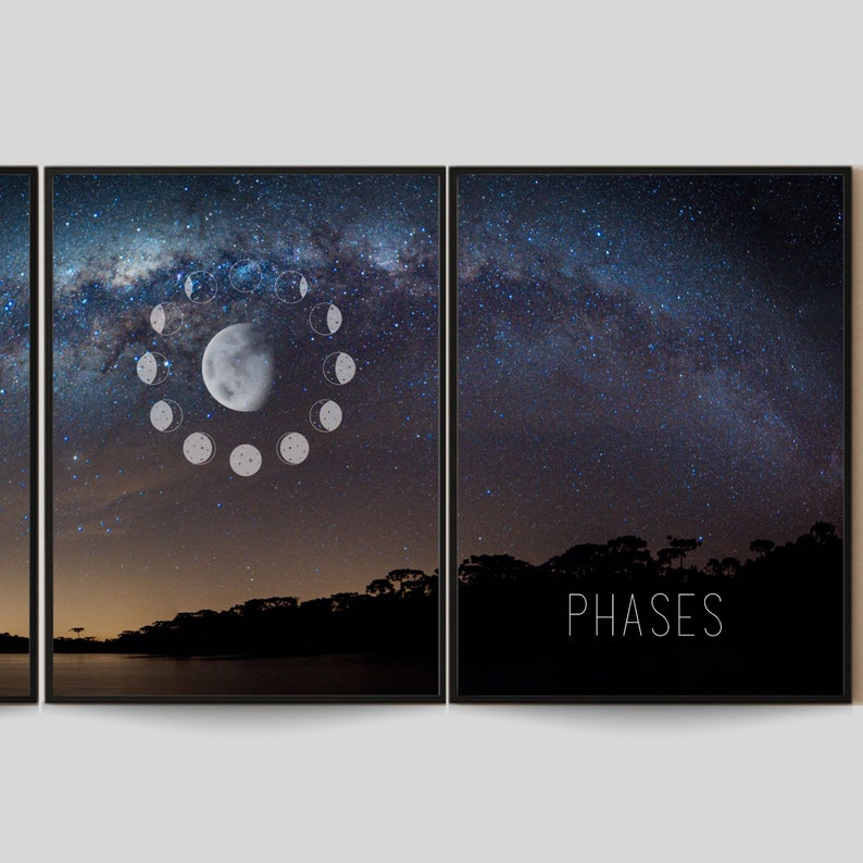 May include: A triptych of framed art prints featuring a night sky with a galaxy and the phases of the moon. The center print shows the moon phases in a circle around a full moon. The right print has the word "PHASES".