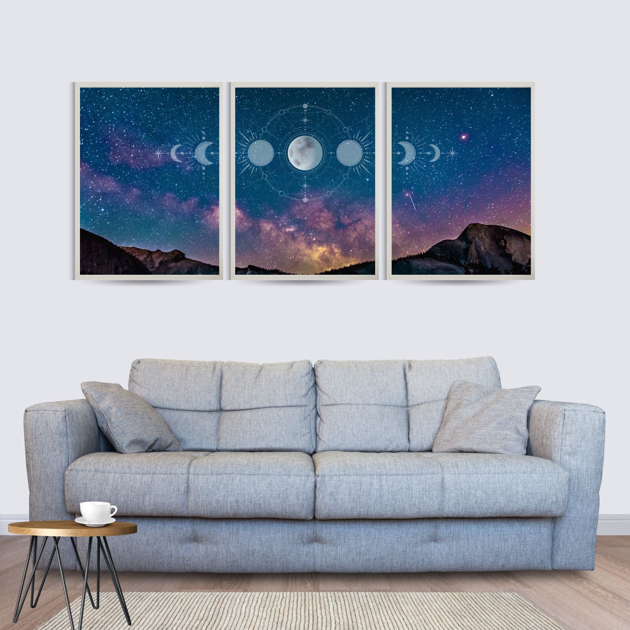 Moon Phases Art Print, Set of 3 Night Sky Wall Art, Landscape, Home ...