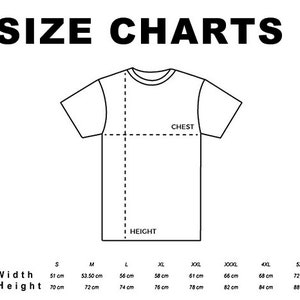 May include: A black and white size chart for t-shirts, with measurements in centimeters. The chart includes chest and height measurements, and sizes range from S to 5XL. The text "SIZE CHARTS" is at the top.
