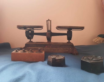 Vintage French Copper Balance Scale with Weights: Timeless Elegance"