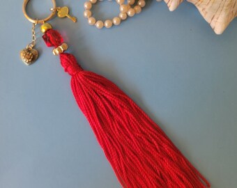 Handmade Keychain with Red Tassel and Heart Charm