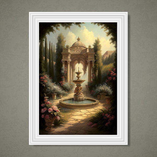 Beautiful Rennaissance Painting - Classical Art - Beauty - Detailed Rich Colours - Elegant Art - Fountain Garden Path - Greek Architecture