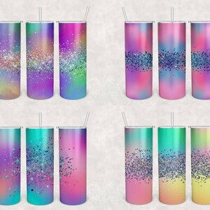 Puede incluir: Conjunto de seis vasos de acero inoxidable con un diseño degradado en tonos pastel y detalles de purpurina. Los vasos son en tonos de morado, rosa, turquesa y amarillo.