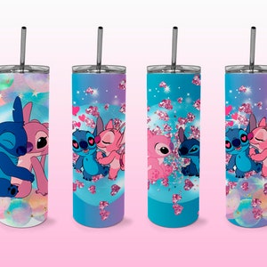 May include: Four stainless steel tumblers with illustrations of Stitch and Angel in various romantic poses. The tumblers feature a gradient background of blue, purple, and pink with heart and glitter accents. Each tumbler has a silver straw.