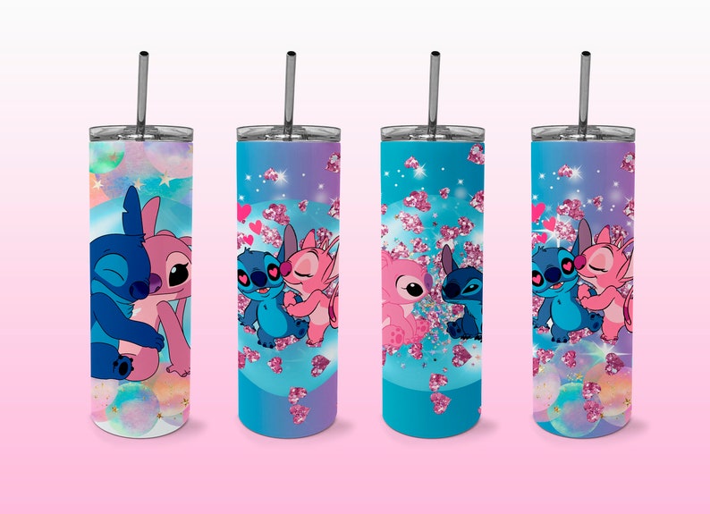 May include: Four stainless steel tumblers with illustrations of Stitch and Angel in various romantic poses. The tumblers feature a gradient background of blue, purple, and pink with heart and glitter accents. Each tumbler has a silver straw.