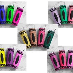 May include: A collection of colorful insulated tumblers designed to resemble crayons. The tumblers feature a variety of colors, including yellow, blue, green, and pink, with a black oval and wavy black lines. Each tumbler has a silver lid and a black straw.