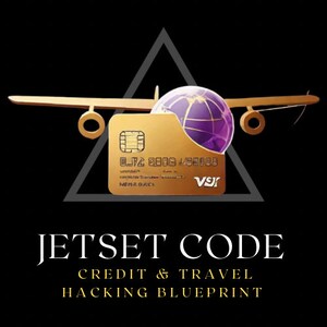 May include: A gold credit card with a globe and airplane graphic, a black triangle, and the text "JETSET CODE CREDIT & TRAVEL HACKING BLUEPRINT".