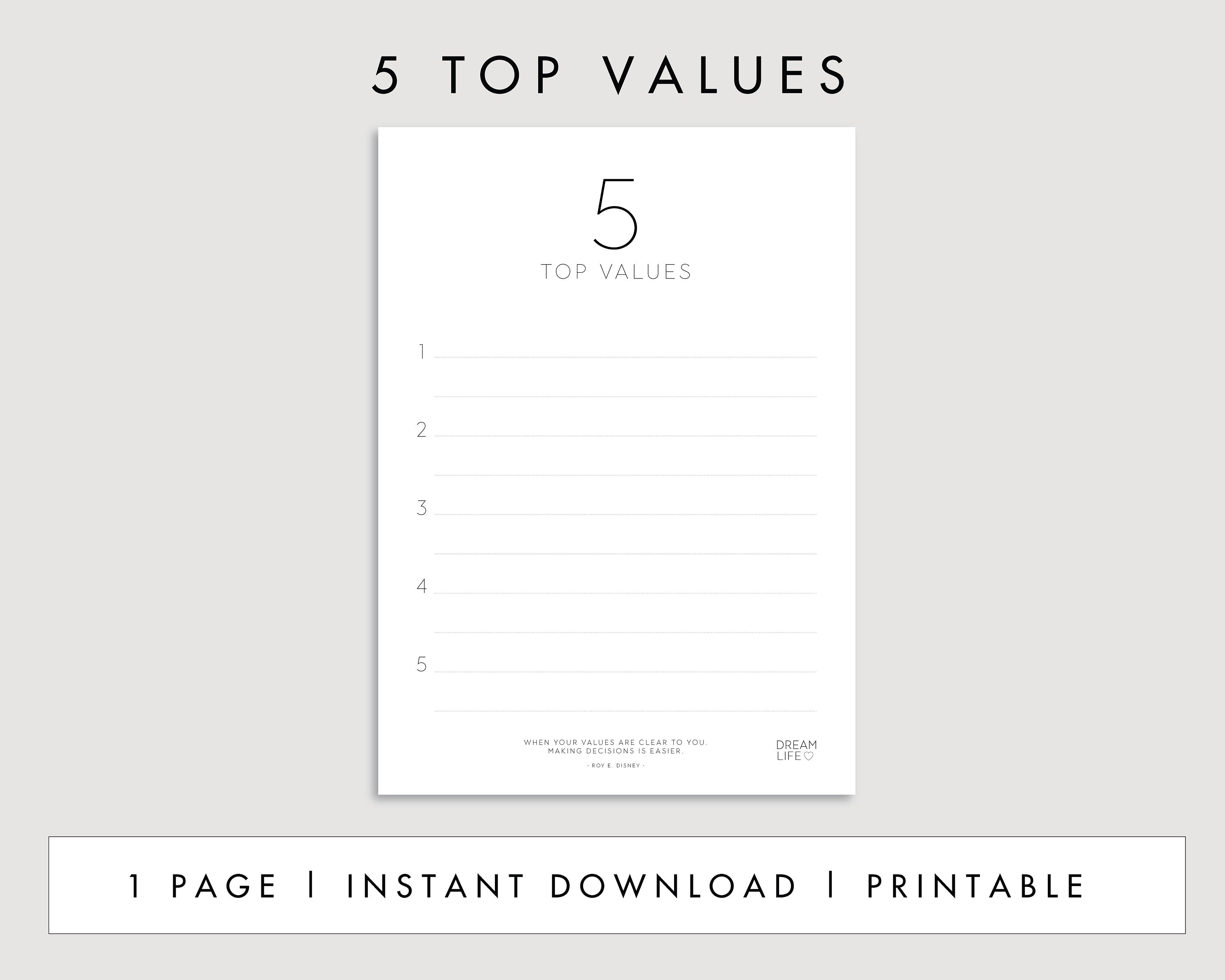 5 Top Values- 1 Page Printable PDF - Etsy