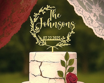 Personalized Wreath Cake Topper for wedding, Anniversary, engagement, wood or acrylic personalized cake decor