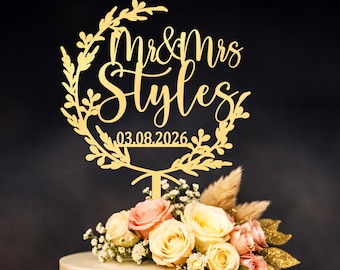 Personalized Floral Wreath Cake Topper, Wood or Acrylic Wedding Decor