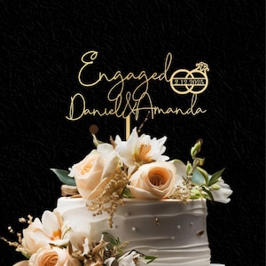 Personalized Engagement Cake Topper: Custom Couple Name, Wooden Ring Design