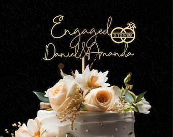 Personalized Engagement Cake Topper: Custom Couple Name, Wooden Ring Design