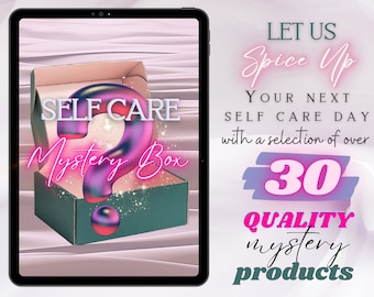 May include: A pink and green box with a question mark inside. The box is labeled "SELF CARE Mystery Box". The text "LET US Spice Up YOUR NEXT SELF CARE DAY with a selection of over 30 QUALITY mystery products" is in pink and white text on a pink background.