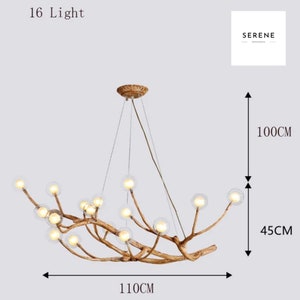 May include: A 16-light chandelier with a unique branch design. The chandelier is made of wood and has clear glass globes. It measures 110 inches wide, 45 inches high, and 100 inches tall.