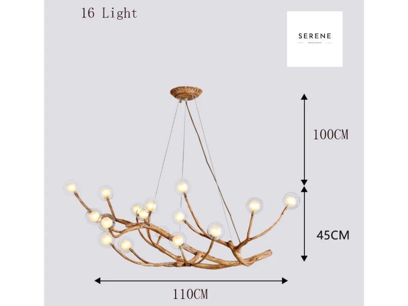May include: A 16-light chandelier with a unique branch design. The chandelier is made of wood and has clear glass globes. It measures 110 inches wide, 45 inches high, and 100 inches tall.