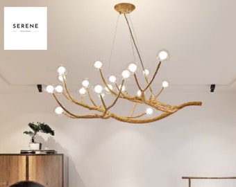 Nordic Tree Branch Hanging Chandelier, Vintage Rustic Retro Ceiling Luminaries with Bubble Glass Lighting Minimalist Living Room Home Decor
