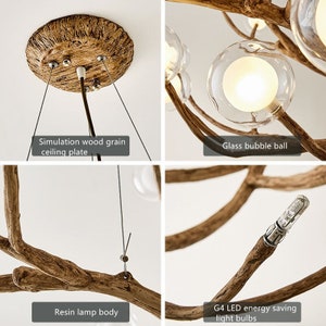 May include: A rustic chandelier with a wooden branch design and clear glass globe light bulbs. The chandelier has a wooden ceiling plate and uses G4 LED energy-saving light bulbs.