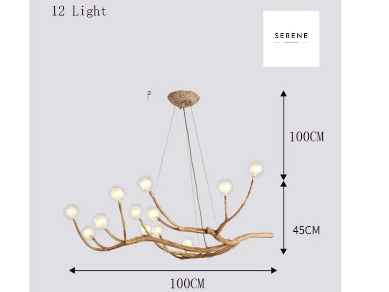 May include: A 12-light chandelier with a branch-like design and clear glass bulbs. The chandelier is 45 inches tall and 40 inches wide. The text "12 Light" and "SERENE" is visible in the image.