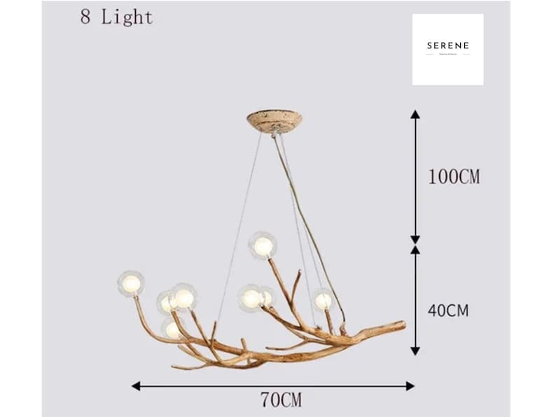 May include: An 8-light chandelier with a natural wood branch design and clear glass globes. The chandelier measures 70 inches wide, 40 inches high, and 100 inches tall.