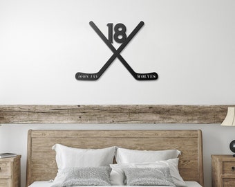 Personalized metal ice hockey sign, custom name and number hockey stick sign, custom team name hockey art for bedroom, hockey player gift