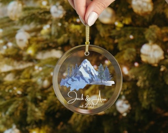 Personalized family Christmas glass ornament, forest ornament, family name keepsake ornament, established date newlywed mountain ornament