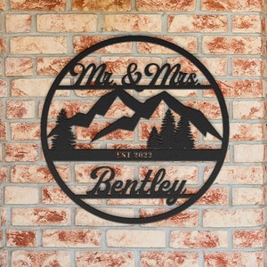 Mountain monogram sign newlywed wedding gift for outdoor lovers personalized mountain wedding gift sign Mr. and Mrs. established date sign