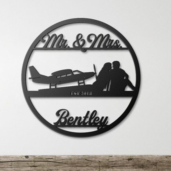 Mr. and Mrs. customized couple float plane metal sign, couple silhouette sign, airplane wedding gift, airplane couple, pilot newlywed, EST