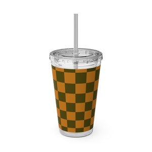 Checkered olive tumbler 16 oz, trendy water bottle with straw, orange checkered acrylic drink glass, preppy aesthetic cup, vacation tumbler