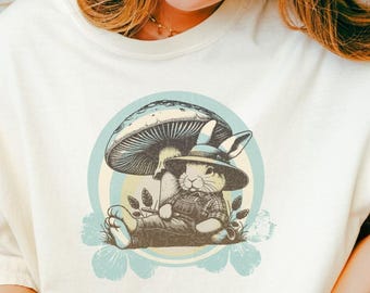Cottagecore Bunny Mushroom T-Shirt: Vintage Forest Rabbit Tee