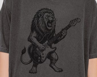 Lion Guitar Graphic T-Shirt – Vintage Rock Music Unisex Top