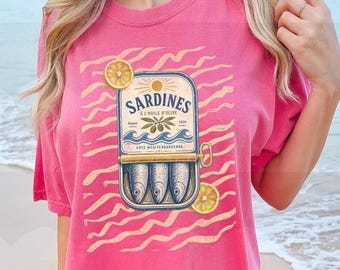 Sardine Tin T Shirt – Coastal Mediterranean Foodie Tee, Summer Seafood Lover Apparel