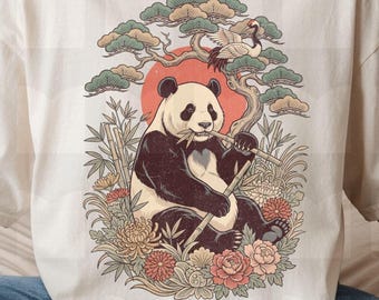Retro Panda Shirt - Vintage Japanese Botanical Tee, Panda in Nature Illustration T Shirt, Comfort Colors Animal Art Graphic