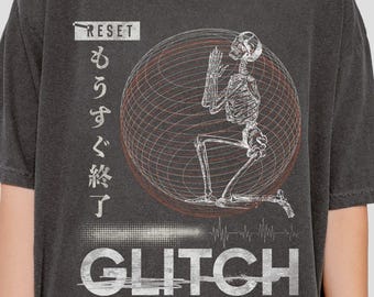 Glitch Skeleton Graphic Tee – Japanese Cyberpunk Streetwear