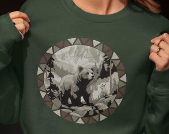 Bear and Fox Wildlife Sweatshirt - Tribal Circle Design, Boho Forest Crewneck, Outdoors Nature Lover Gift